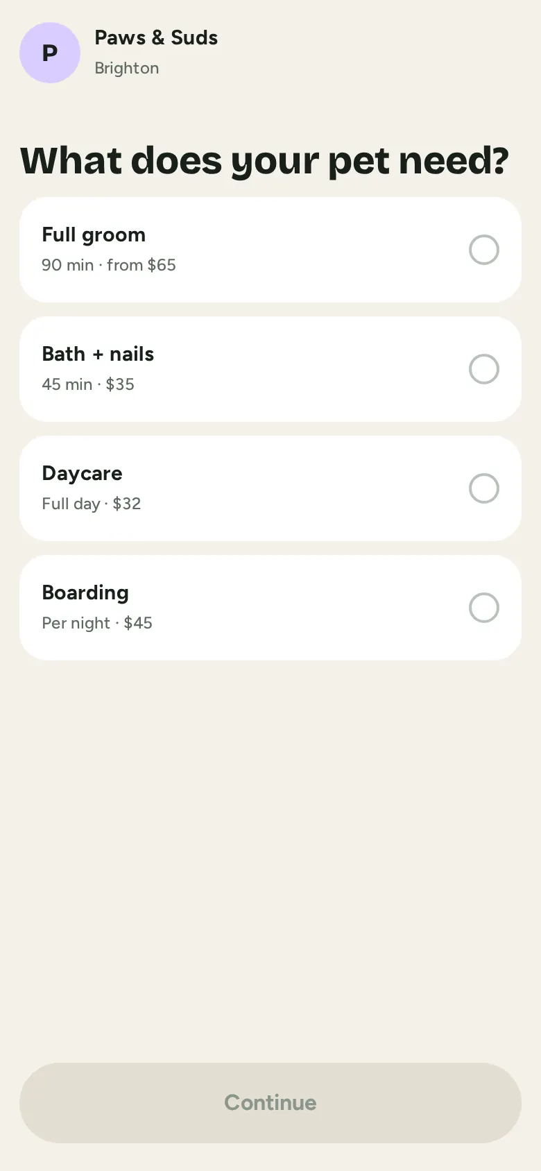 A client booking page: services with prices and free times to choose from.